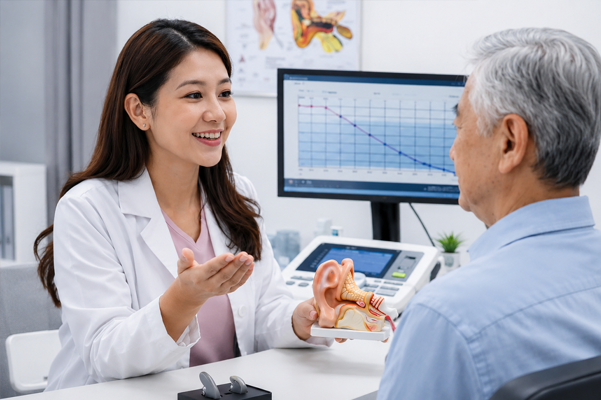 Hearing specialist consulting an older patient